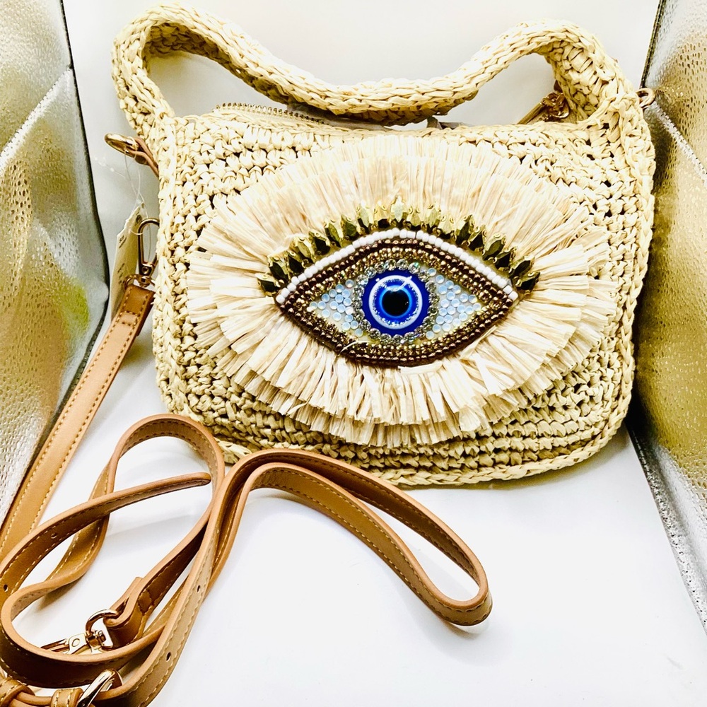 Aldo Beige Straw Shoulder Bag with Blue “Eye” Crystal Accents
